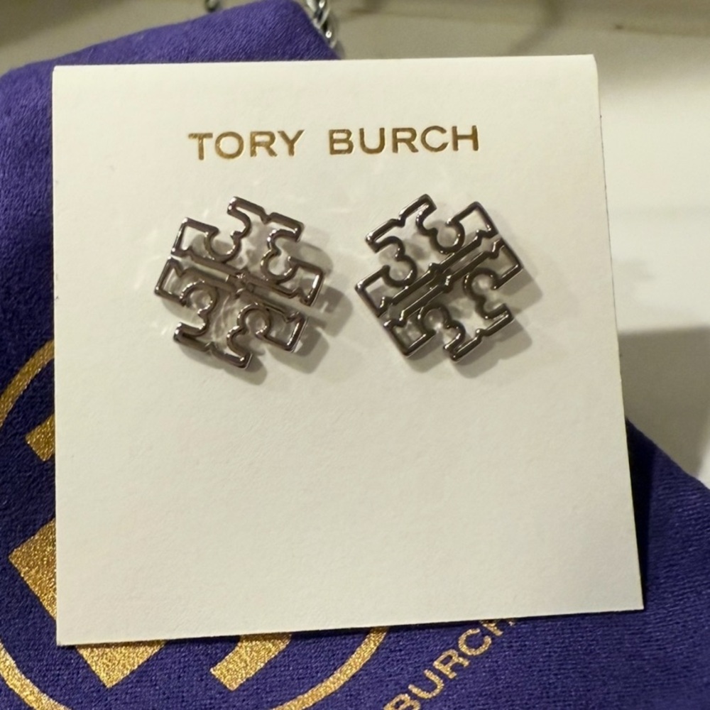 Tory Burch Britten Silver Logo Stud Earrings Double T Design NWT Retail:$98